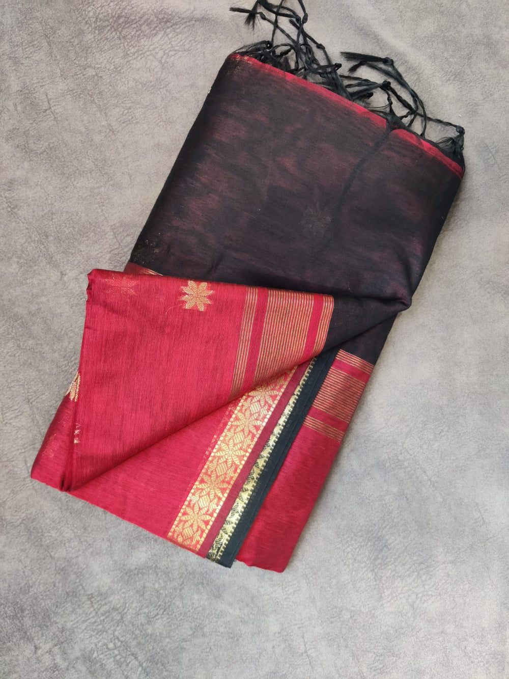 Rust and Black Maheshwari Cotton saree with zari buttas