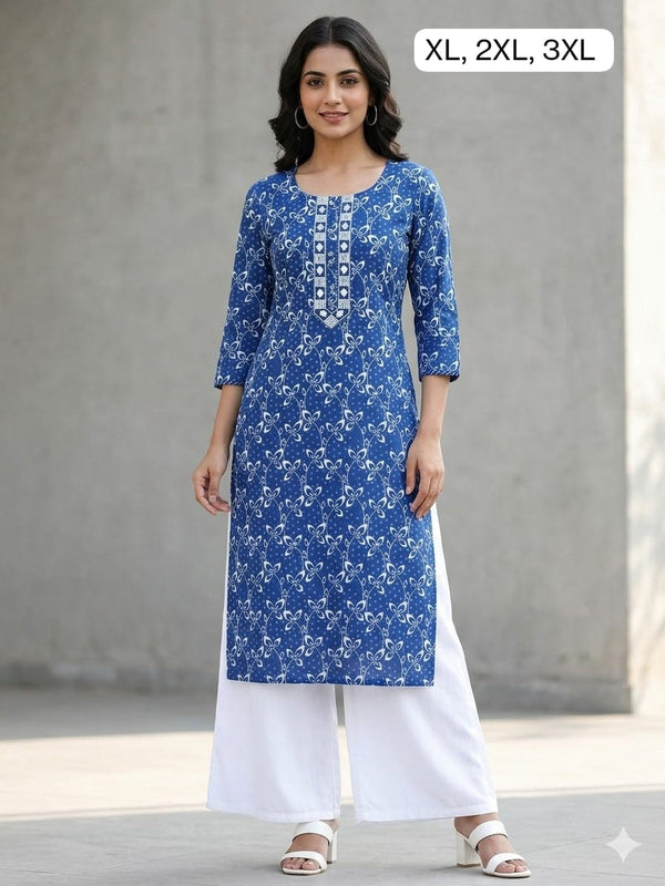 Indigo Long Kurti with Embroidery neck pattern