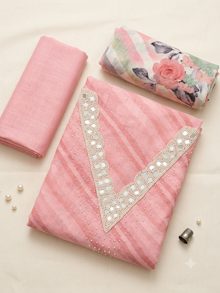 Elegant Leheriya Linen Salwar Suit Set with Embroidered Pearl & Mirror - Unstitched