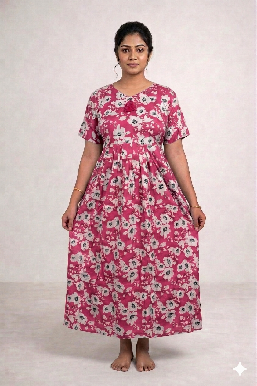 Shanthi floral Frock model cotton Nighty pink