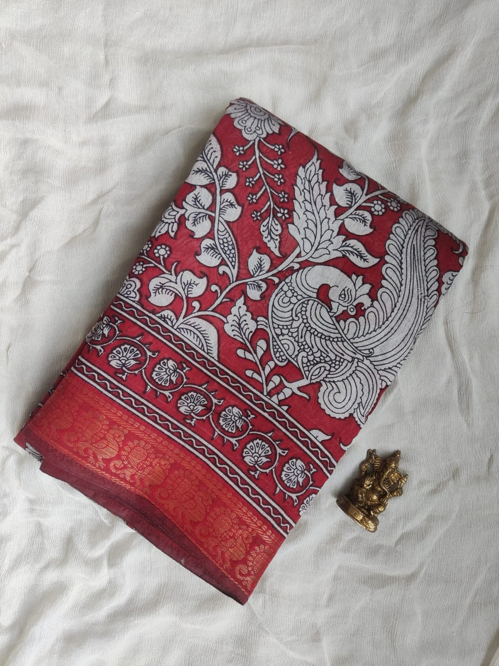 Kalamkari silk saree with Peacock Zari border- Maroon