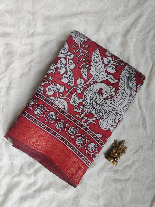 Kalamkari silk saree with Peacock Zari border- Maroon