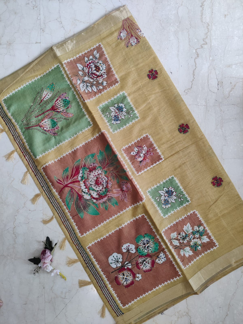 Golden Yellow Linen Saree with French Knot