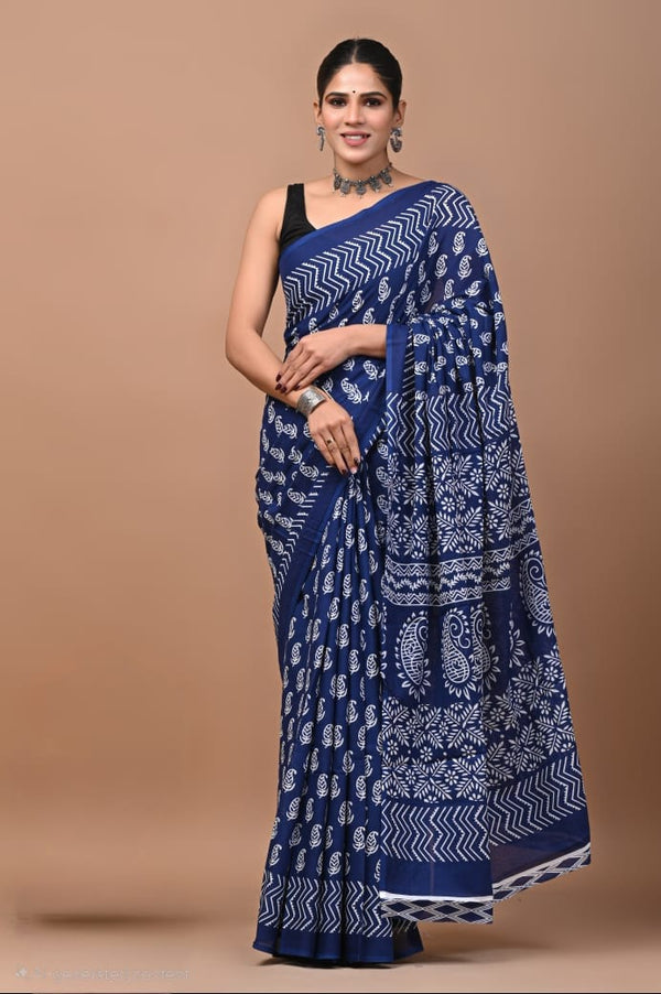 Elegant Indigo Floral printed mul cotton saree
