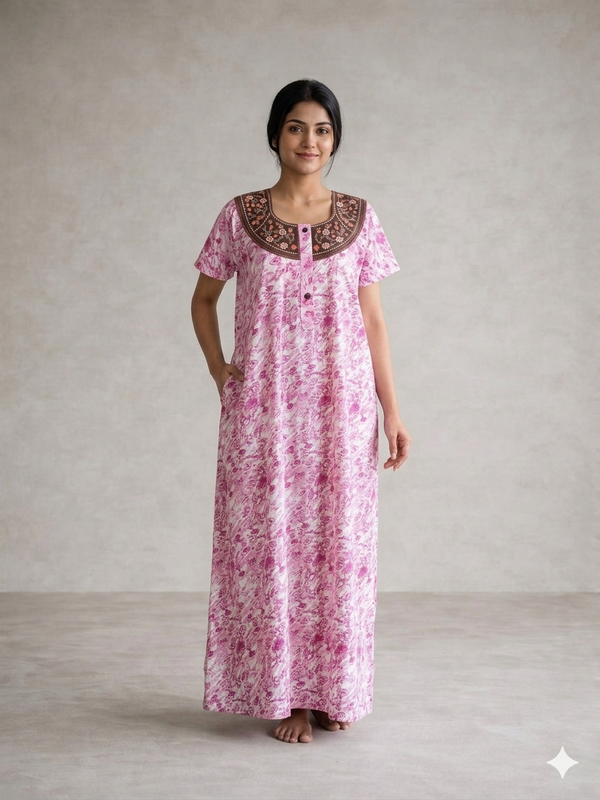 Shanthi Printed nighty with embroidery work Pink