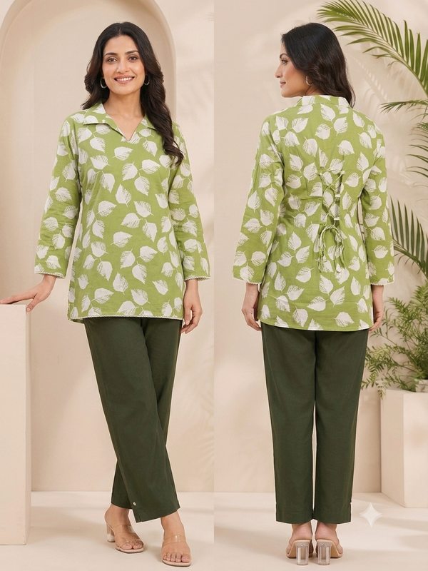 Sage Green Leaf Print Tunic with Back Tie