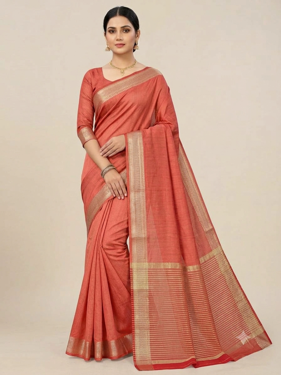 Rustic Red Raw silk saree with zari border