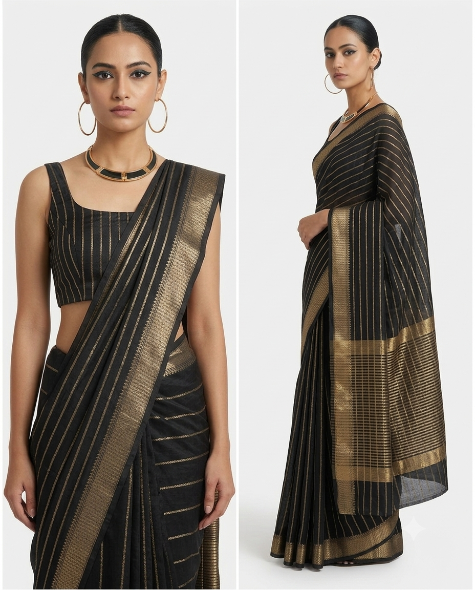 Black and Golden stripped Liva saree
