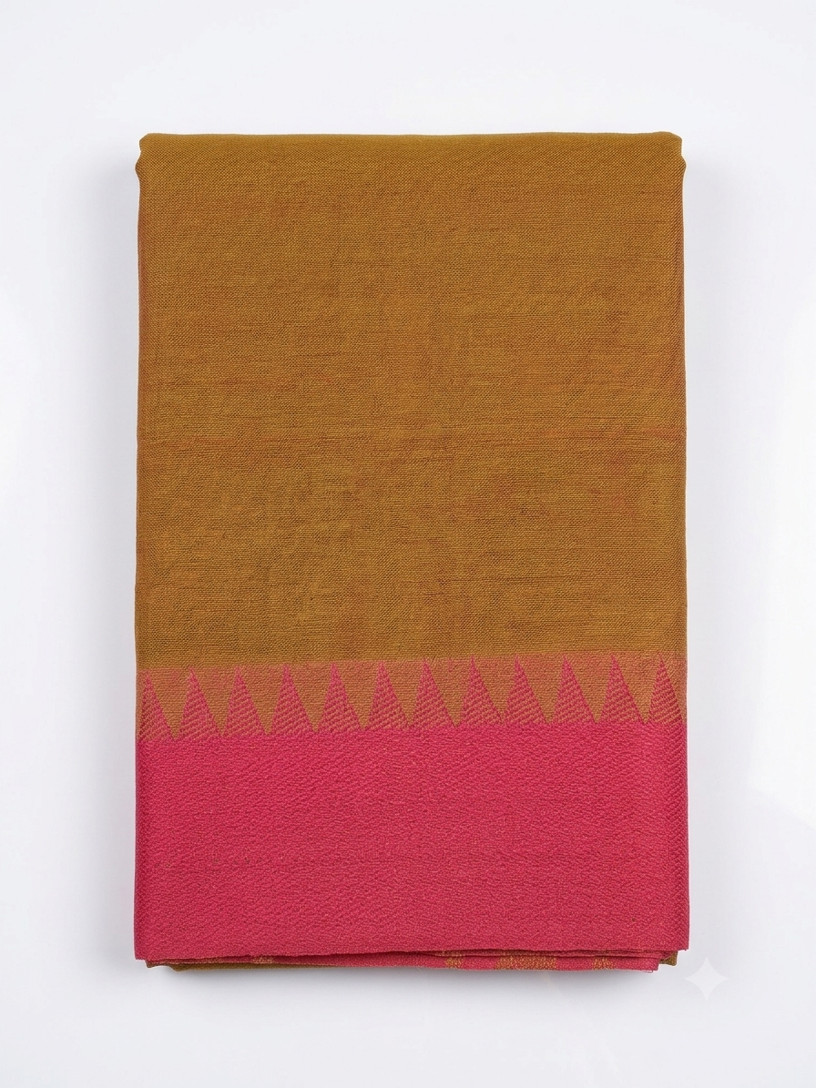 Handloom cotton saree with thread border - Yellow with pink - Without Running blouse