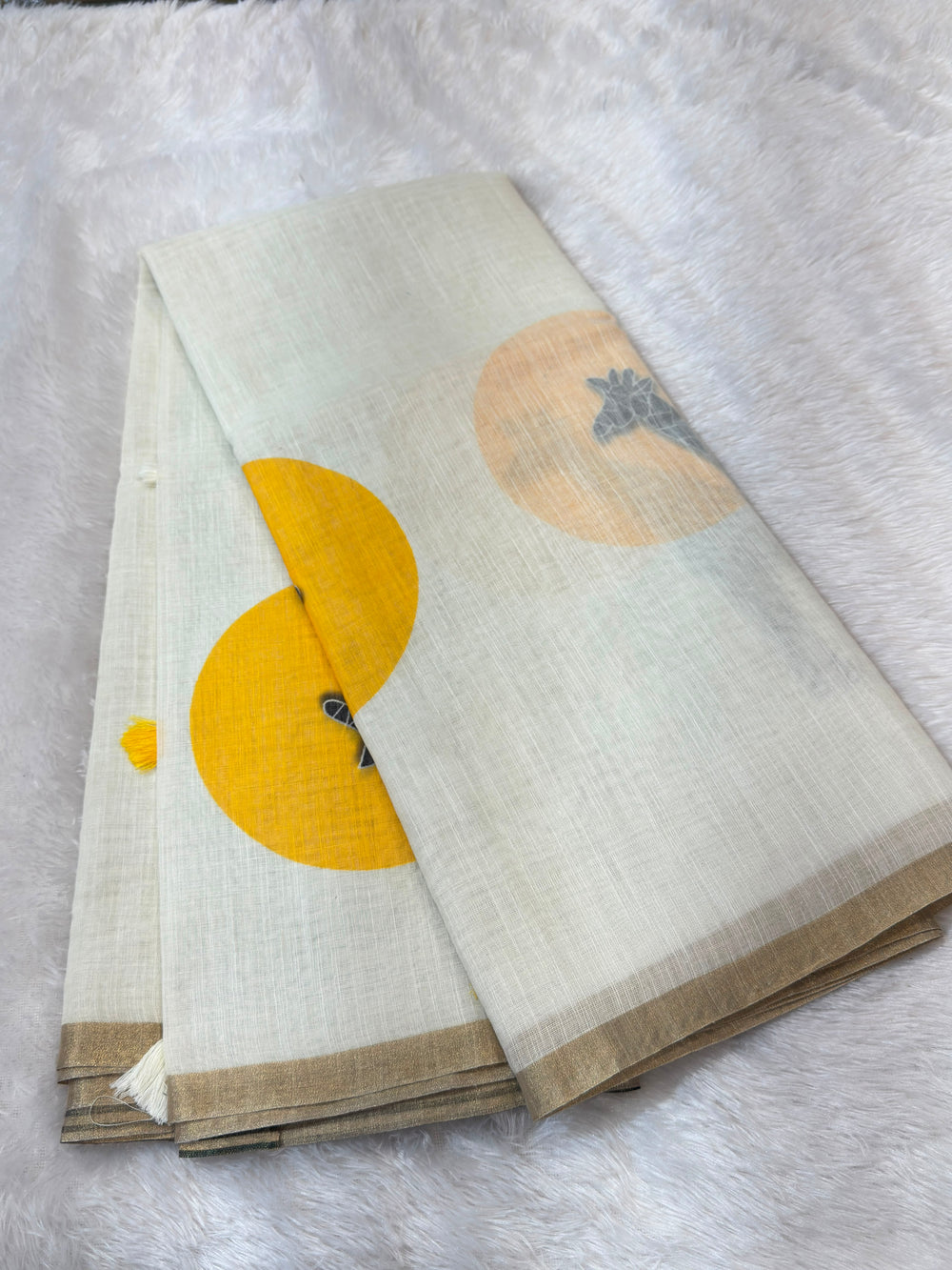 White Giraffe Printed Linen saree with Zari border