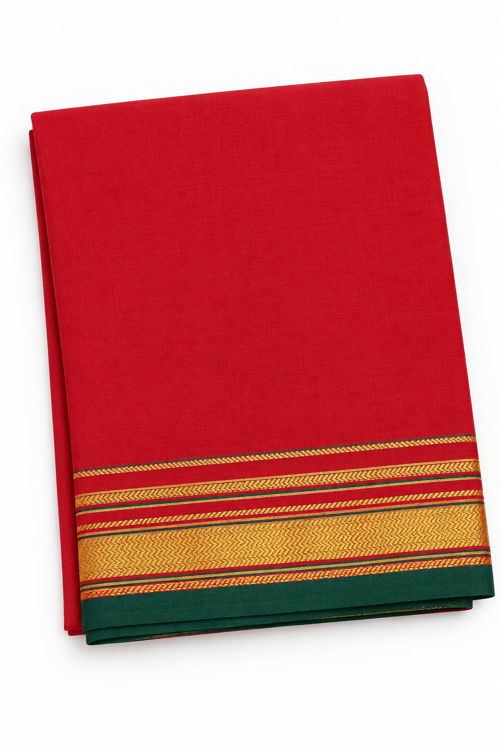 Handloom Cotton Saree with Zari Border – Red & Green
