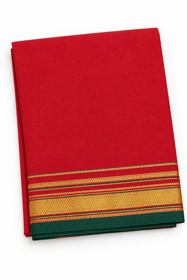 Handloom Cotton Saree with Zari Border – Red & Green