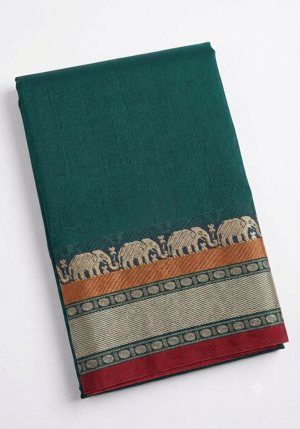 Dark Green Narayanpet Cotton saree with traditional elephant borders