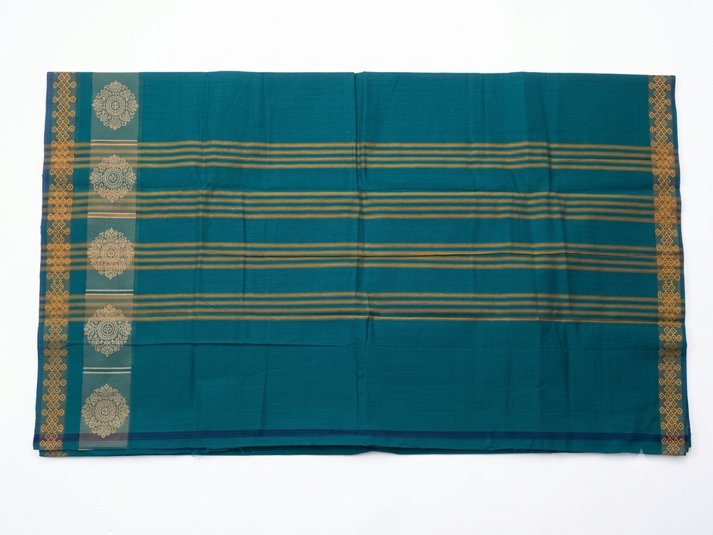Handloom Cotton Saree | Teal Green with Traditional Thread Border & Kolam Design | Elegant Everyday Wear | Without Running blouse