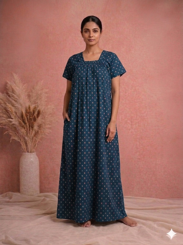Meenu's Sunflower Cotton nighty Blue L