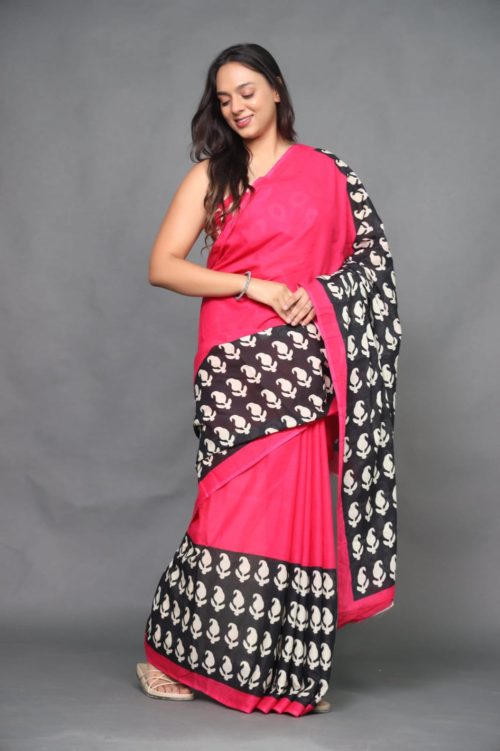 Black and Eani Pink mul cotton saree