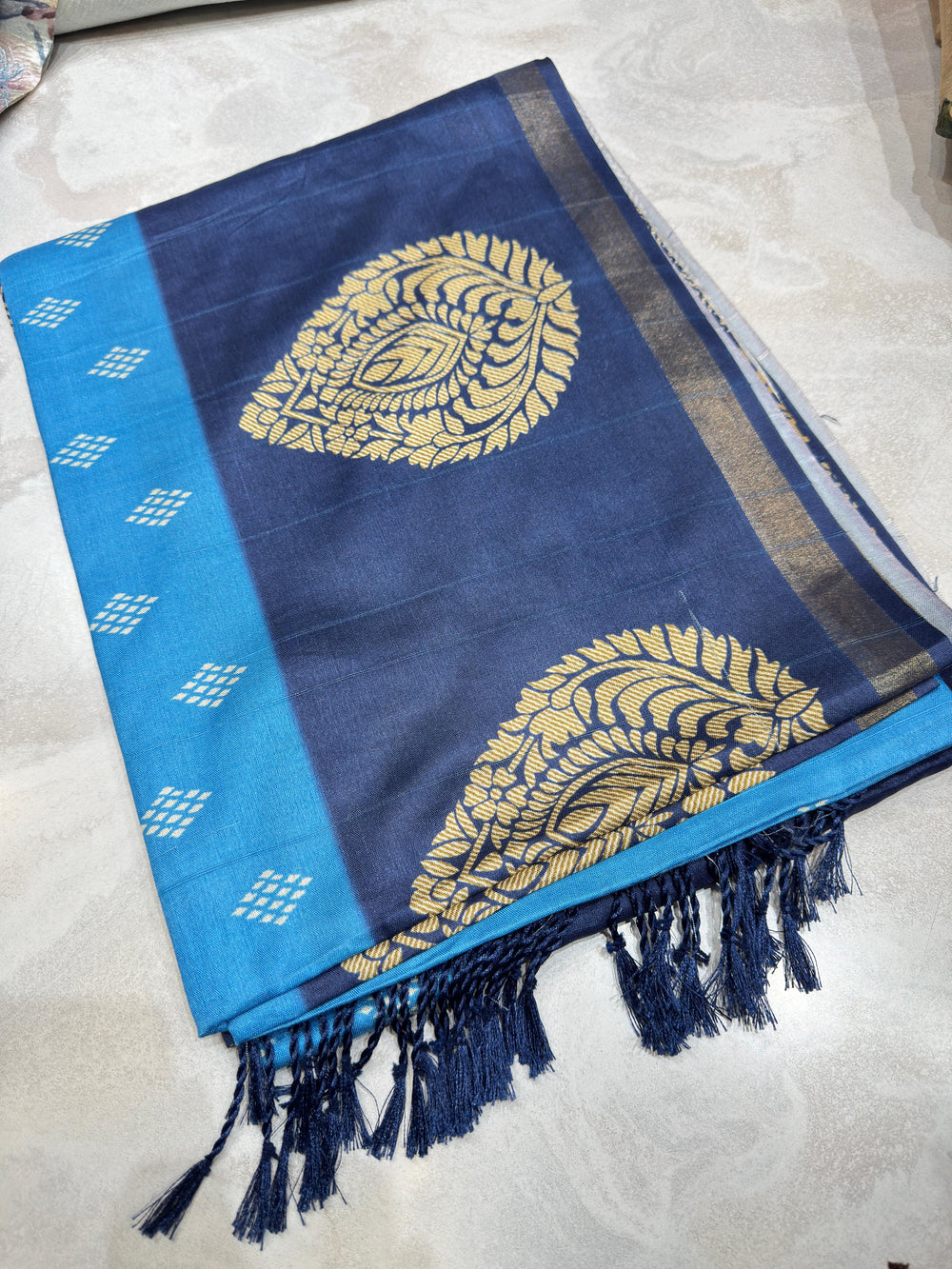 Royal Blue Printed Art silk saree with attached blouse