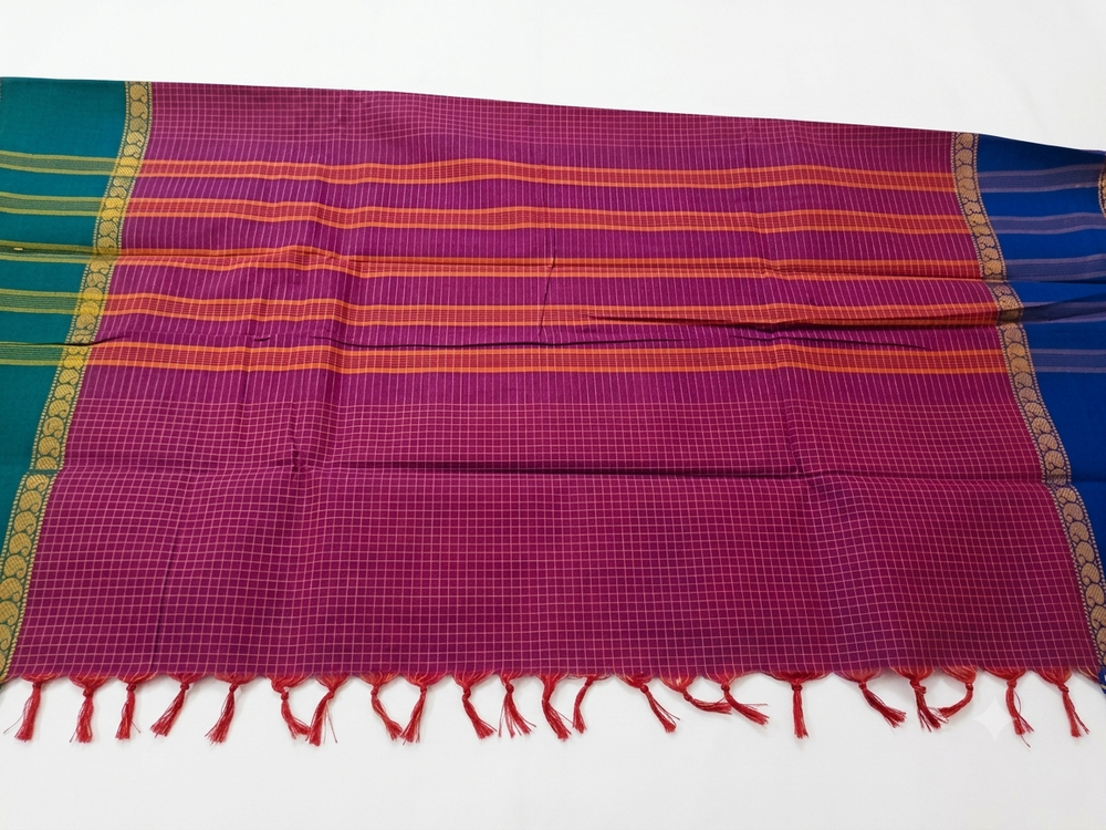 Authentic Handloom Cotton Saree | Double Vaarpu Weaving | Dual Contrast Border | Soft & Durable | Without Running blouse