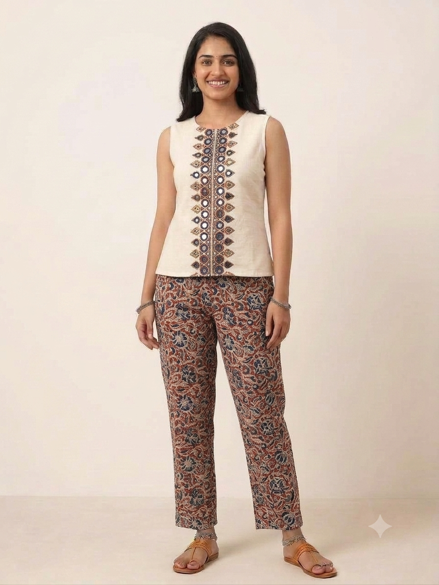 Kalamkari Regular Pant -Red and Indigo