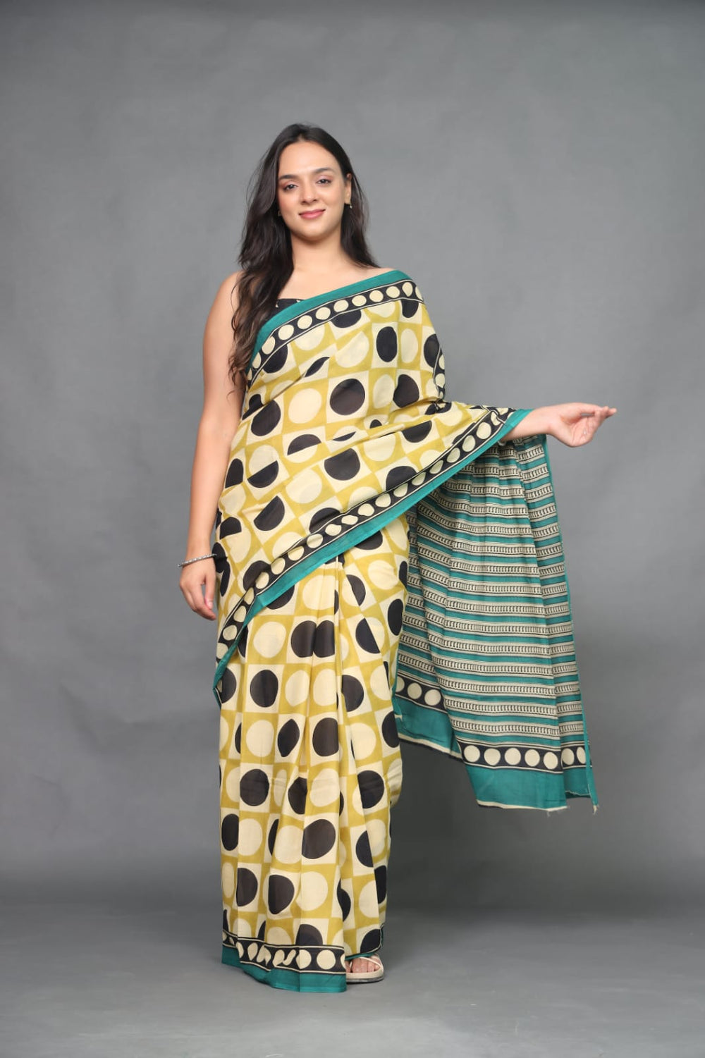 Black and Yellow mul cotton saree