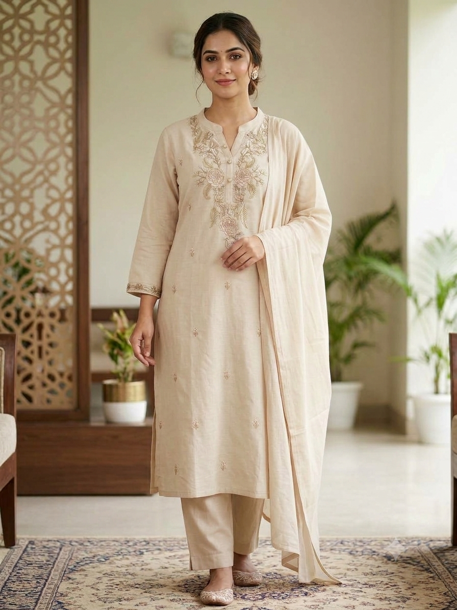 Ivory embroidered Cotton salwar set