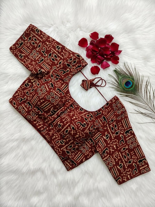 Pure Ajrak Readymade Blouse - Maroon