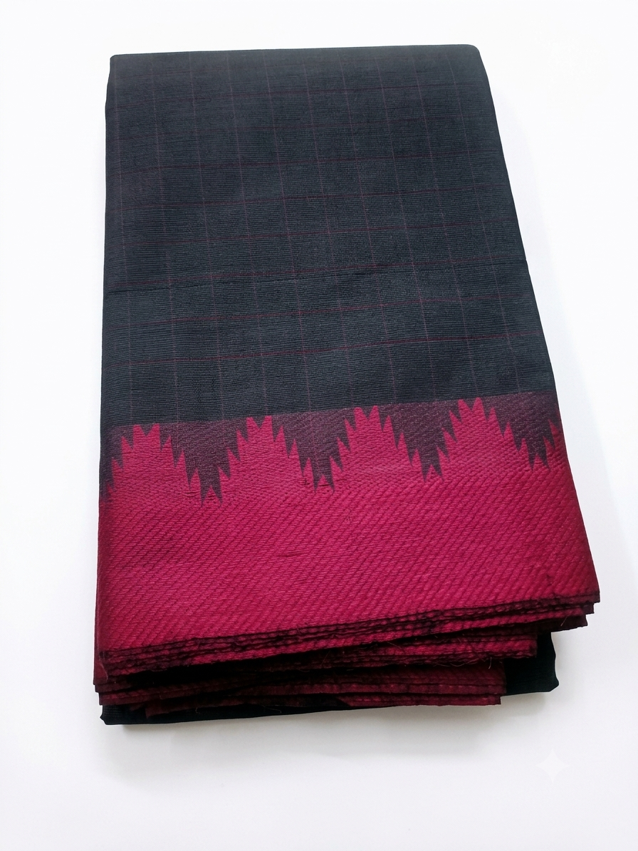 Handloom Cotton Saree with Thread Border – Dark Lavender & Magenta - Without Running blouse