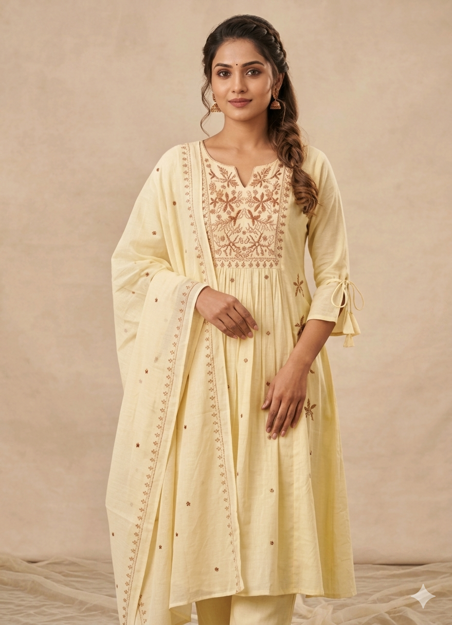 Woman wearing a light yellow embroidered traditional outfit on a beige background