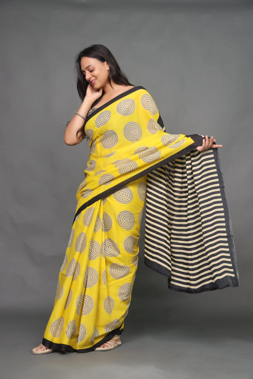 Yellow and Black mul cotton saree