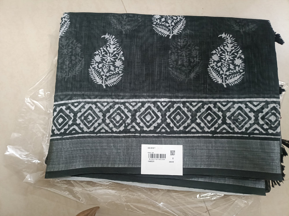 Leaf Printed Linen Saree black