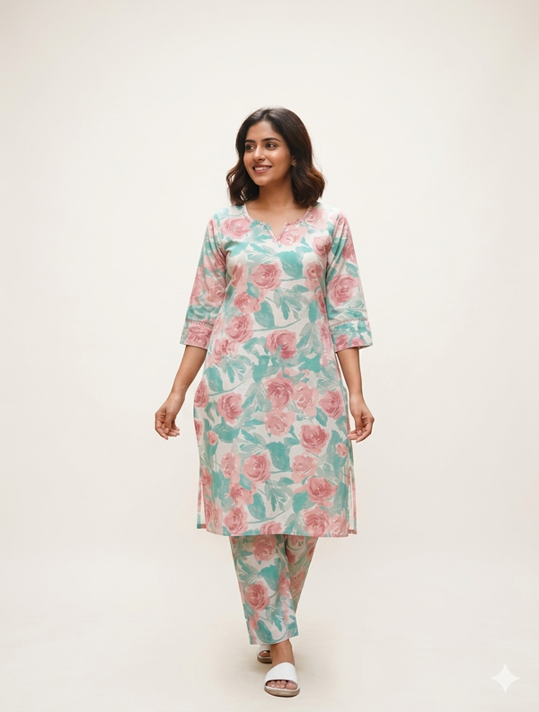 Jaipur Cotton Co ord Set - Floral Pink and Green