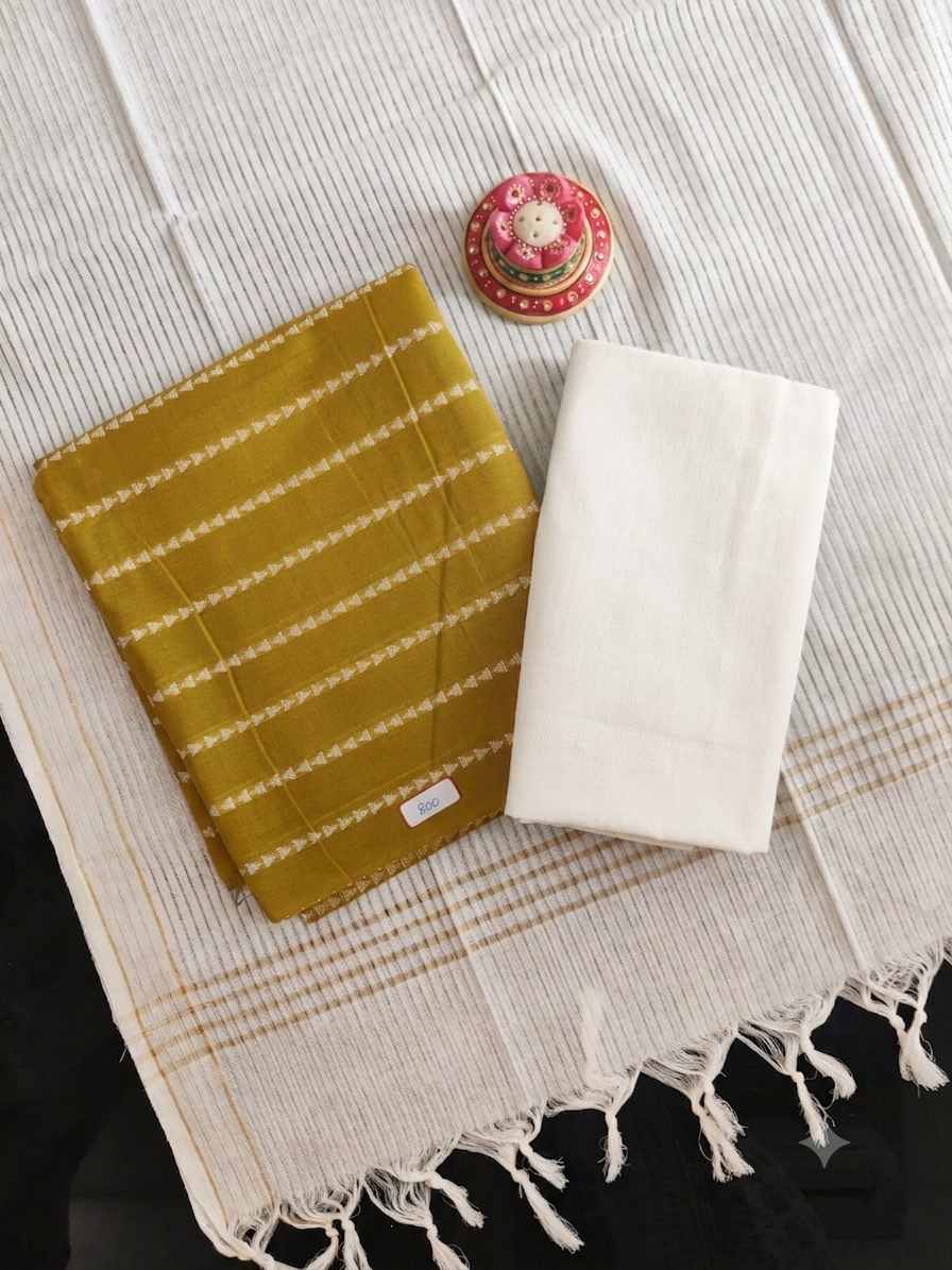 Mustard yellow Pure handloom cotton dress material with Mangalgiri cotton bottom & dhupatta