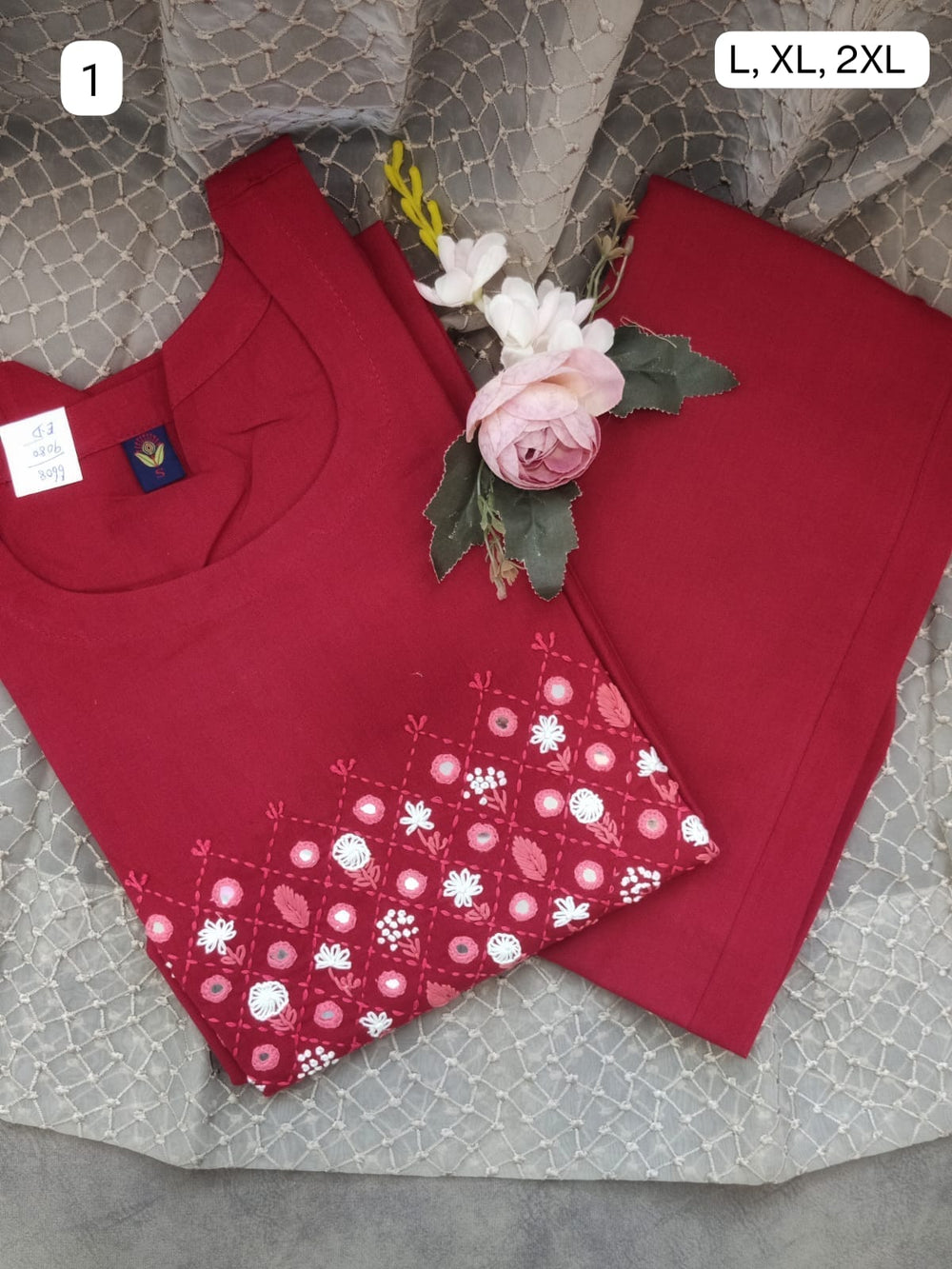 Cotton embroidered co-ord set(Red)