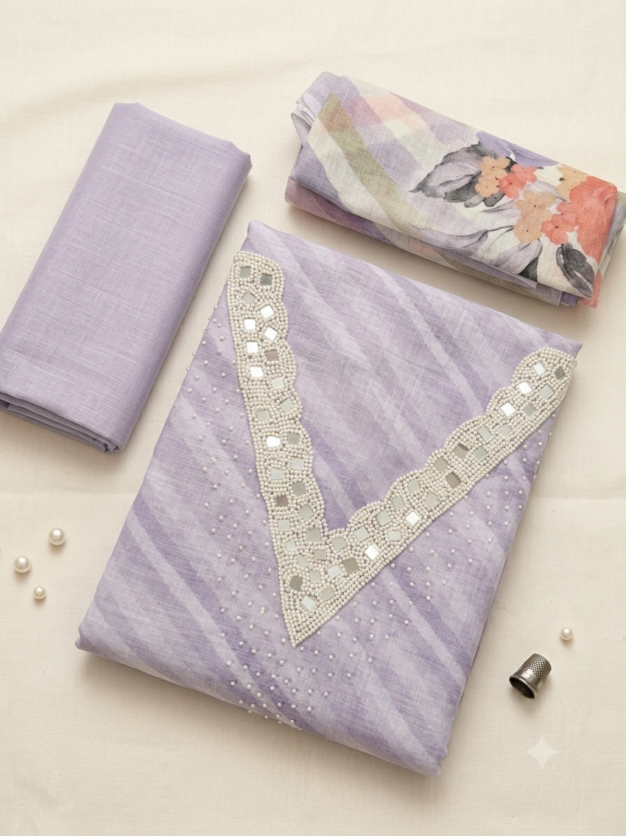Elegant Leheriya Linen Salwar Suit Set with Embroidered Pearl & Mirror - Unstitched