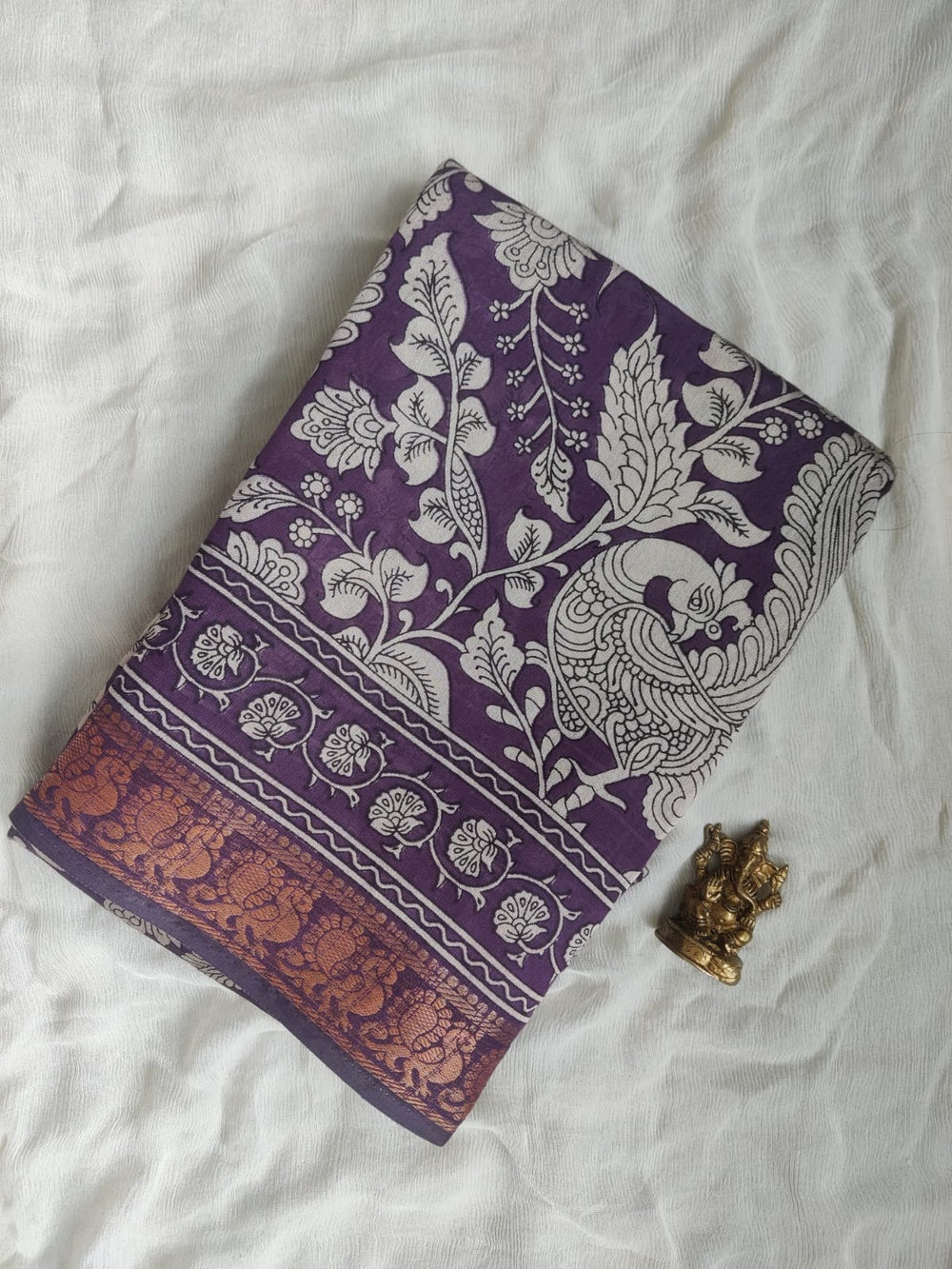 Kalamkari silk saree with Peacock Zari border- Voilet