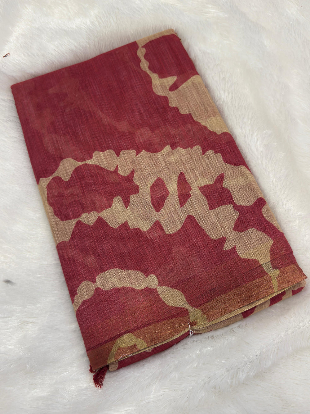 Brick Red with Beige Abstract Printed Linen saree
