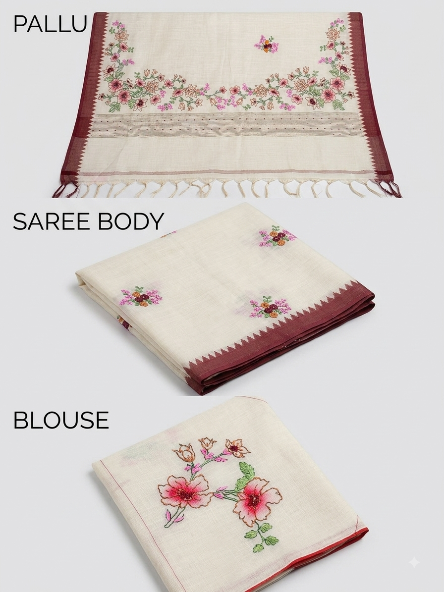 Ivory with rust orange Linen Tissue saree with Frenchknot embroidery