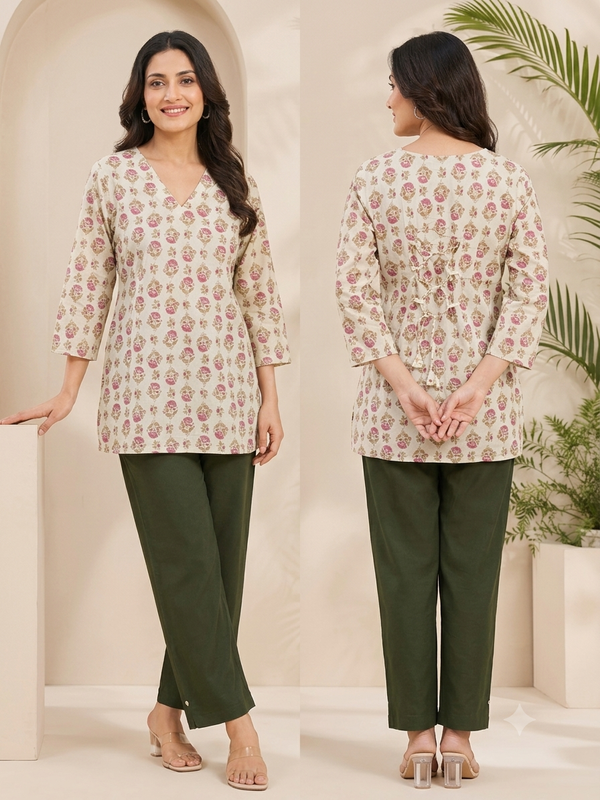 Off white floralPrinted Tunics with Backknot