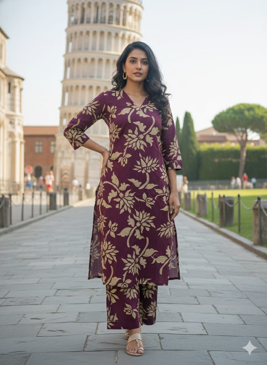 Woman in a purple floral outfit standing in front of the Leaning Tower of Pisa.