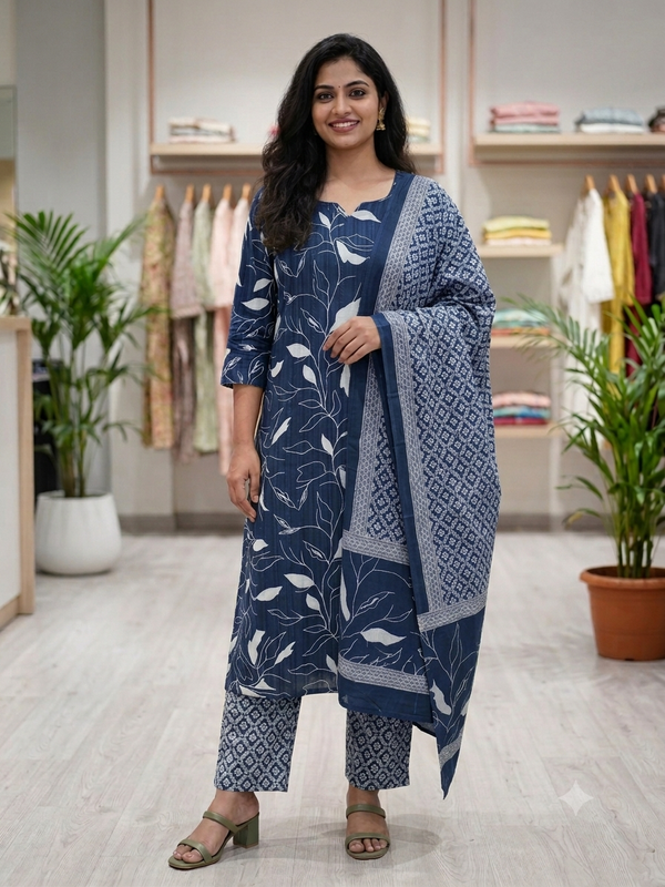 Dark blue green Cotton kurti set