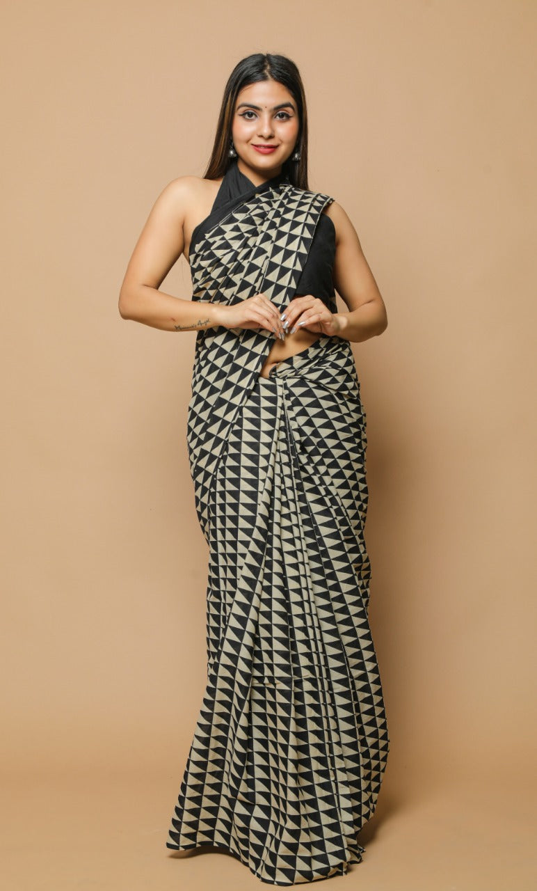 White and Black mul cotton saree
