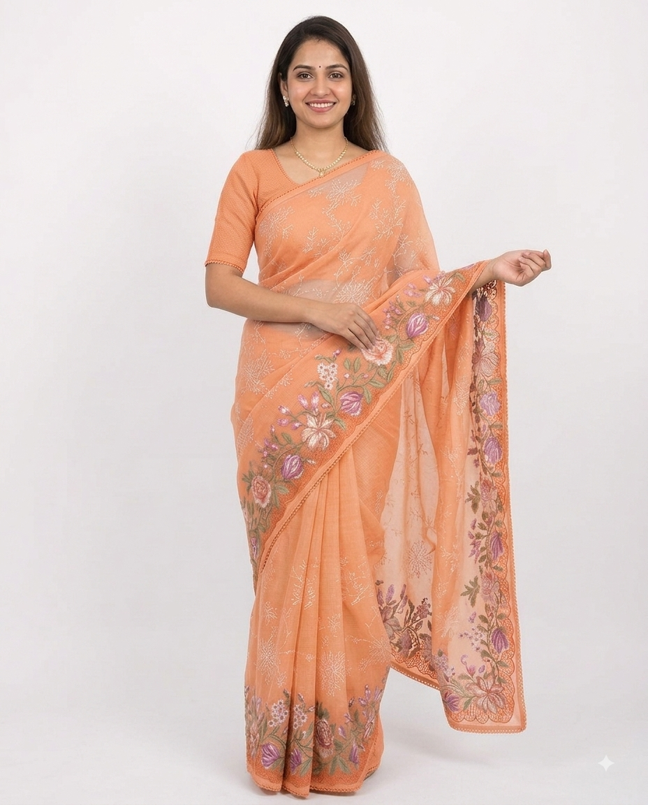 Pastel orange Green Kota Cotton Saree with Floral Embroidery & Scalloped Pallu