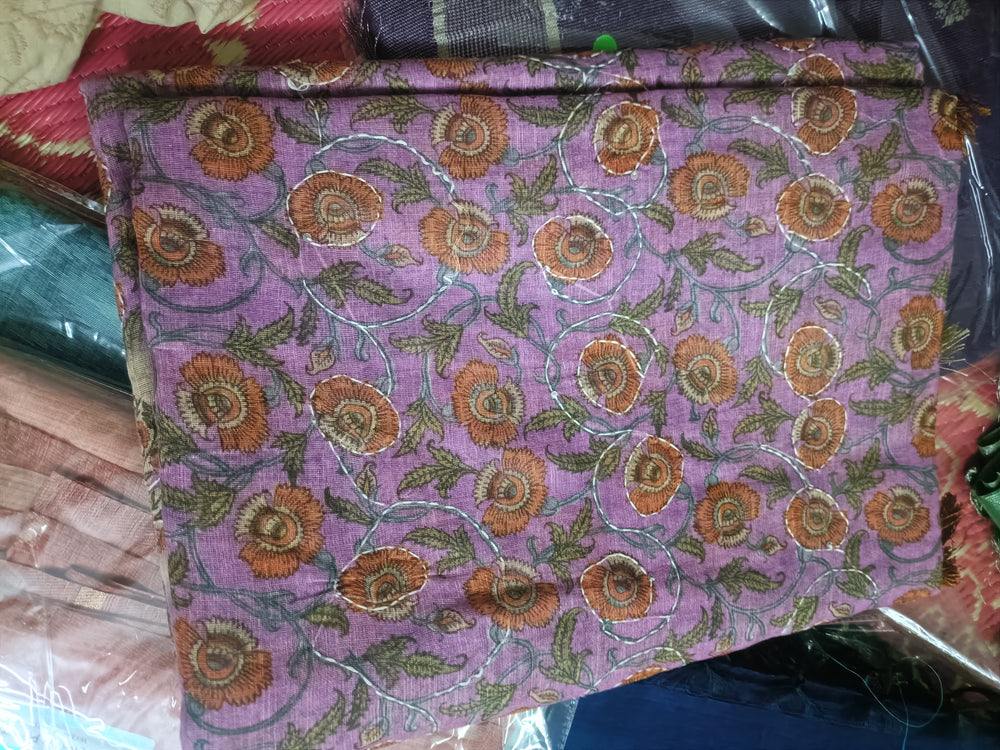 Purple Printed Linen Saree with Katha work embroidery