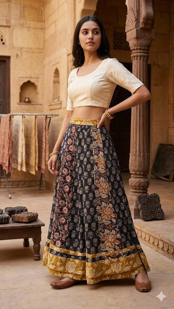 Black Floral Panel Print Maxi Skirt with Mustard Border