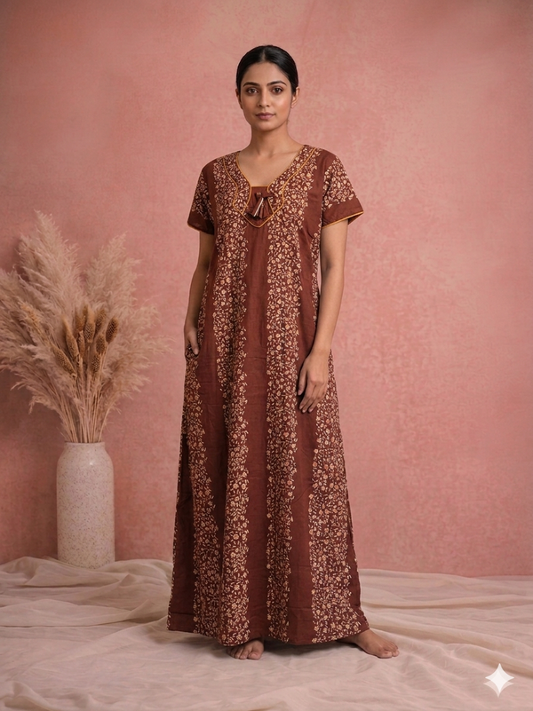 Woman wearing a brown patterned dress against a pink background