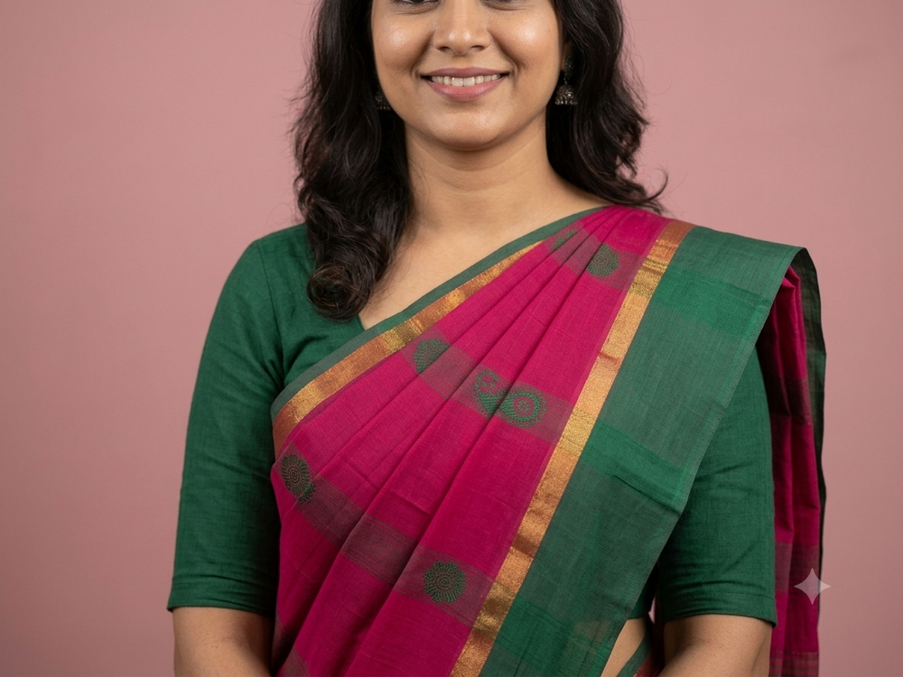 Handloom Cotton Saree with Zari Border – Pink & Green - Without Running blouse