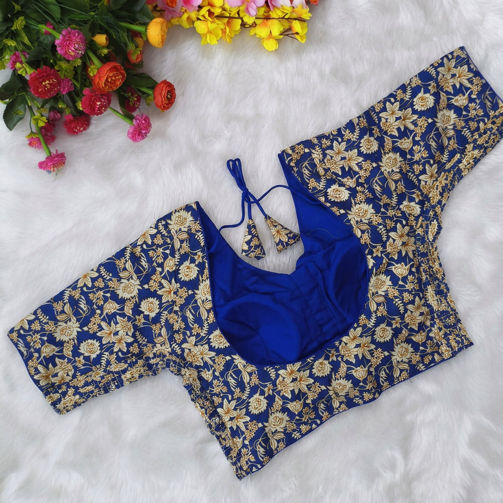 Princess cut Side Elastic Floral Cotton Readymade blouse - Royal Blue