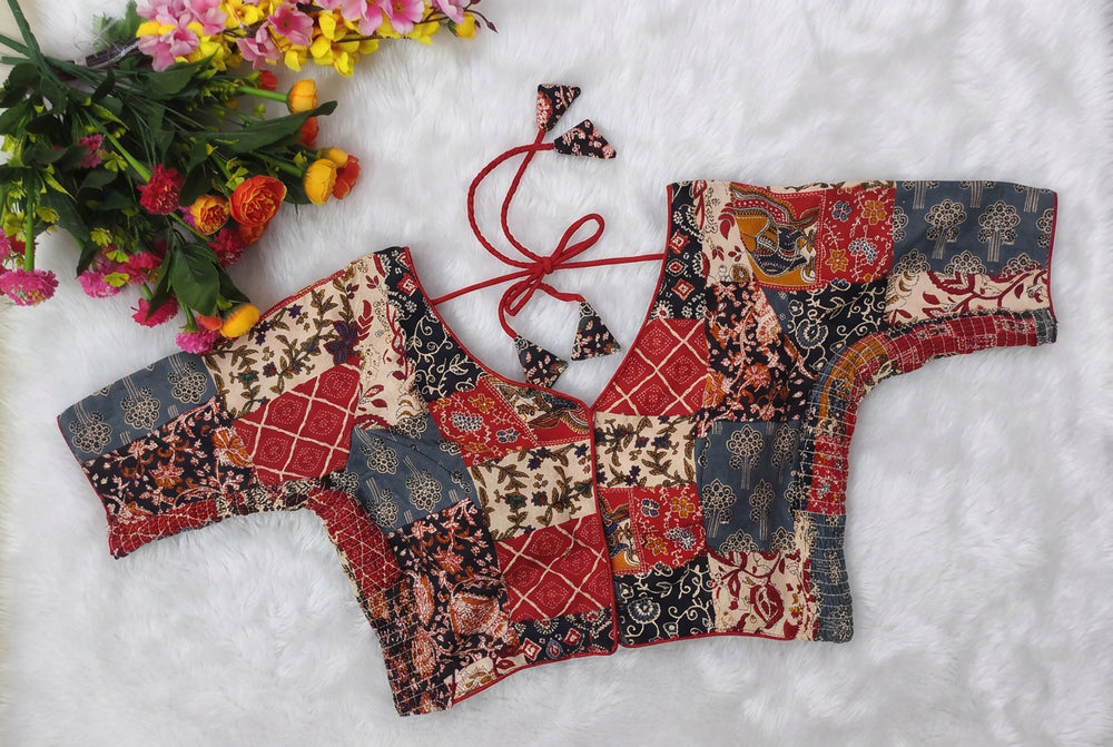 Princess cut Side Elastic Ajrak Printed Readymade blouse - Dark Red