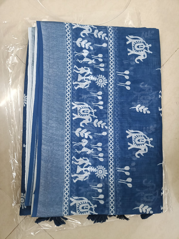 Tribal Printed Linen Saree Indigo