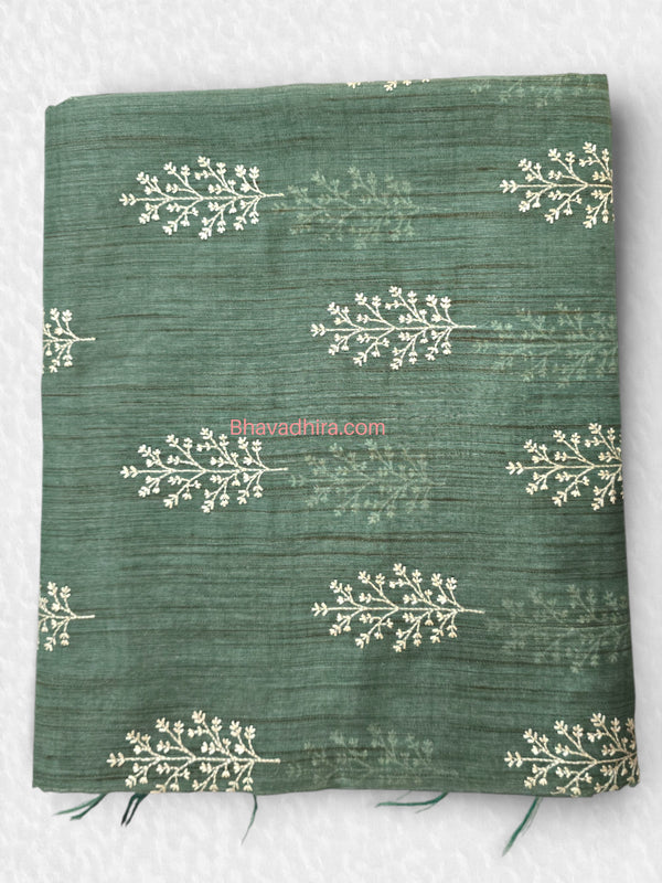 Linen Slub With Applique Work Teal Green